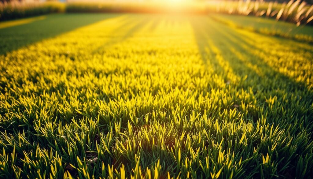 A lush, verdant lawn under a warm, golden afternoon sun. In the foreground, a freshly mowed section with crisp, even stripes, the freshly cut grass still glistening with dew. The middle ground showcases the transition between the mowed and unmowed areas, revealing the gradual growth of the new grass. In the background, the untouched sections of the lawn stand tall, awaiting their turn for the first mow, their blades swaying gently in a light breeze. The image conveys a sense of timing and the optimal moment to maintain a healthy, thriving lawn - not too early, not too late, but just right.