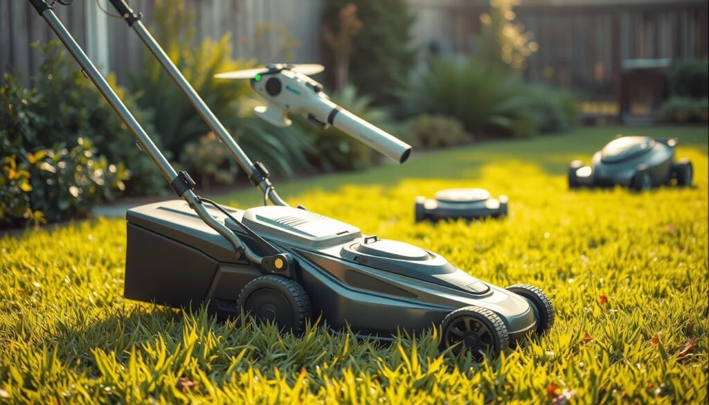 A meticulously crafted scene depicting a vibrant array of electric lawn equipment alternatives. In the foreground, a sleek cordless lawn mower glides effortlessly across a lush green lawn, its electric motor whirring softly. In the middle ground, a battery-powered leaf blower hovers, ready to tidy up fallen foliage. In the background, a robotic lawn mower navigates autonomously, its sensors mapping the terrain. Warm, natural lighting casts a pleasant glow, accentuating the clean, modern designs of the equipment. The overall atmosphere conveys a sense of environmental harmony and technological innovation, reflecting the promise of sustainable, emissions-free lawn care solutions. A meticulously crafted scene depicting a vibrant array of electric lawn equipment alternatives. In the foreground, a sleek cordless lawn mower glides effortlessly across a lush green lawn, its electric motor whirring softly. In the middle ground, a battery-powered leaf blower hovers, ready to tidy up fallen foliage. In the background, a robotic lawn mower navigates autonomously, its sensors mapping the terrain. Warm, natural lighting casts a pleasant glow, accentuating the clean, modern designs of the equipment. The overall atmosphere conveys a sense of environmental harmony and technological innovation, reflecting the promise of sustainable, emissions-free lawn care solutions.