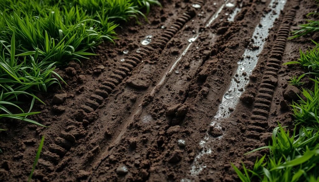 A muddy, compacted soil surface, with visible tire tracks and footprints pressing into the ground. Lush, damp grass surrounds the affected area, its vibrant green hue contrasting with the churned-up, rutted earth. Gentle rain falls, droplets glistening on the soil and vegetation. Soft, diffused lighting illuminates the scene, casting long shadows and creating a moody, atmospheric effect. The composition emphasizes the impact of walking and mowing on wet, soft soil, conveying the detrimental effects on lawn health and soil structure. A muddy, compacted soil surface, with visible tire tracks and footprints pressing into the ground. Lush, damp grass surrounds the affected area, its vibrant green hue contrasting with the churned-up, rutted earth. Gentle rain falls, droplets glistening on the soil and vegetation. Soft, diffused lighting illuminates the scene, casting long shadows and creating a moody, atmospheric effect. The composition emphasizes the impact of walking and mowing on wet, soft soil, conveying the detrimental effects on lawn health and soil structure.