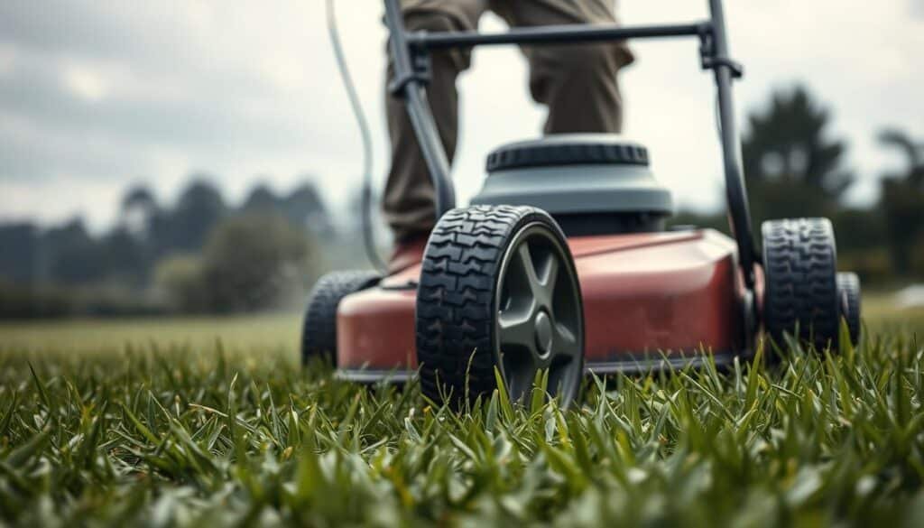 A person meticulously mowing a lush, dewy lawn after a recent rain, their face set with determined focus. The foreground shows their sturdy boots and the lawnmower's wheels gliding smoothly over the wet grass. The middle ground captures the person's body in profile, their arms guiding the mower with confident, practiced motions. The background reveals a tranquil, overcast sky, the air heavy with the earthy scent of freshly cut grass. The scene is bathed in a soft, natural light that accentuates the verdant hues of the lawn and the person's thoughtful expression as they approach this task with care and precision.