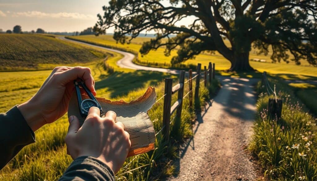 A serene rural landscape, with a winding country road cutting through verdant fields. In the foreground, a pair of hands carefully measuring the boundary between two properties, using a surveyor's compass and a worn, leather-bound legal document. The mid-ground depicts a weathered wooden fence, partially obscured by tall grass and wildflowers, hinting at the passage of time and the blurring of property lines. In the background, a majestic oak tree casts long shadows across the scene, symbolizing the enduring nature of the legal principle of adverse possession. The lighting is soft and golden, creating a contemplative atmosphere, as if inviting the viewer to ponder the complexities of land ownership and the rights of neighbors.
