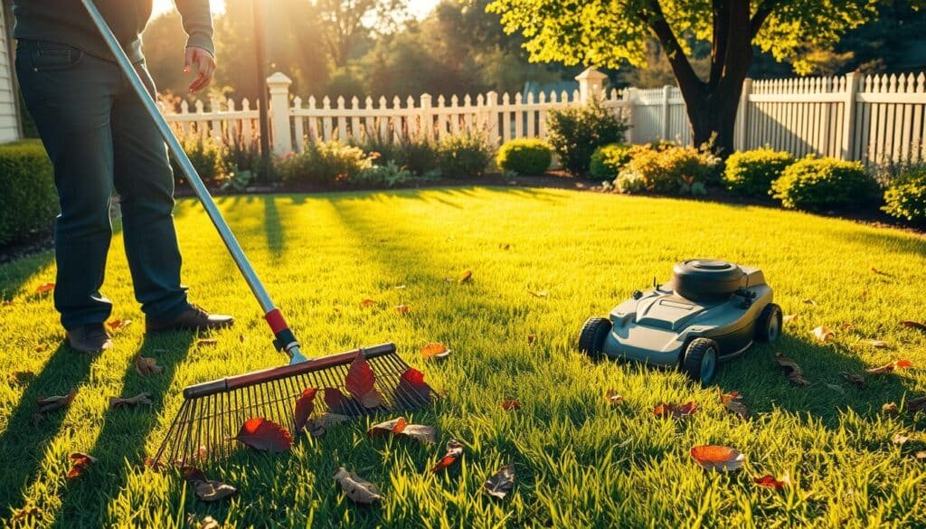 A verdant lawn bathed in warm, golden sunlight. In the foreground, a homeowner diligently rakes fallen leaves and debris, meticulously caring for the lush, recently mowed grass. In the middle ground, a high-powered lawn mower stands ready, its blades gleaming. In the background, a well-tended garden and a picturesque fence line frame the scene. The atmosphere is one of peaceful productivity, with the homeowner's focused attention on maintaining the lawn's healthy, vibrant appearance. The image conveys the importance of proper aftercare for a newly established lawn, ensuring its long-term vitality and aesthetic appeal.