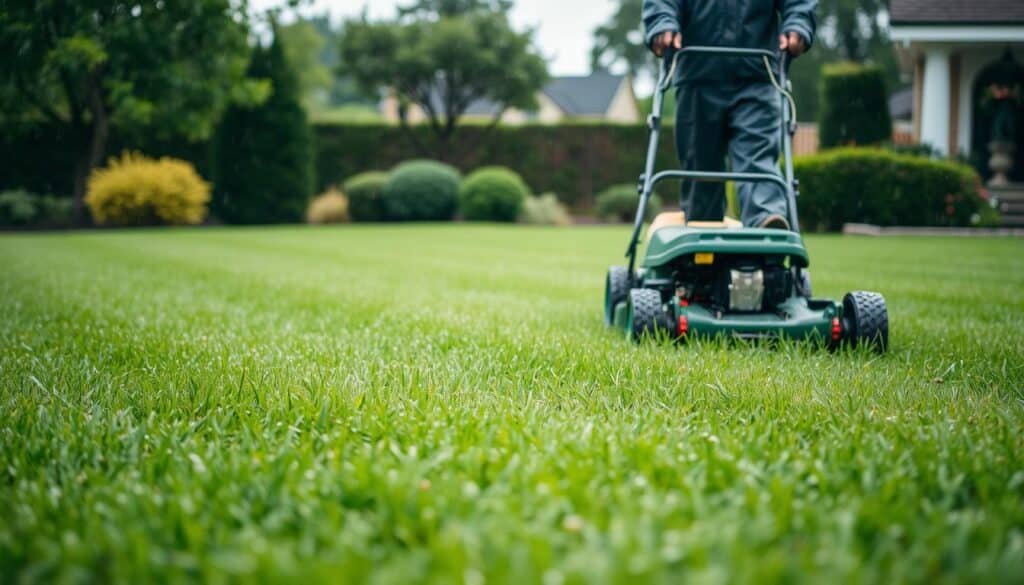 A verdant lawn glistening with droplets, a sturdy lawnmower navigating the damp terrain. In the foreground, a person in rain gear carefully pushes the mower, their face slightly obscured by the overcast sky. The middle ground showcases the even, freshly cut grass, while the background depicts a quaint suburban setting, trees and shrubs providing a natural backdrop. Soft, diffused lighting illuminates the scene, creating a calming, tranquil atmosphere. The composition emphasizes the practical challenges and techniques of mowing in wet conditions, inviting the viewer to consider the nuances of this task. A verdant lawn glistening with droplets, a sturdy lawnmower navigating the damp terrain. In the foreground, a person in rain gear carefully pushes the mower, their face slightly obscured by the overcast sky. The middle ground showcases the even, freshly cut grass, while the background depicts a quaint suburban setting, trees and shrubs providing a natural backdrop. Soft, diffused lighting illuminates the scene, creating a calming, tranquil atmosphere. The composition emphasizes the practical challenges and techniques of mowing in wet conditions, inviting the viewer to consider the nuances of this task.