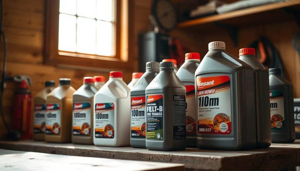 A well-lit close-up of various lawn mower oil containers arranged neatly on a clean, wooden workbench. The containers should showcase different volumes, brands, and grades of oil, highlighting the diversity of options available for lawn mower maintenance. The lighting should be warm and natural, casting subtle shadows to create depth and dimension. The camera angle should be slightly elevated, allowing the viewer to see the labels and measurements on the containers clearly. The overall mood should convey a sense of organization, expertise, and attention to detail, reflecting the informative nature of the article's section on oil capacity recommendations. A well-lit close-up of various lawn mower oil containers arranged neatly on a clean, wooden workbench. The containers should showcase different volumes, brands, and grades of oil, highlighting the diversity of options available for lawn mower maintenance. The lighting should be warm and natural, casting subtle shadows to create depth and dimension. The camera angle should be slightly elevated, allowing the viewer to see the labels and measurements on the containers clearly. The overall mood should convey a sense of organization, expertise, and attention to detail, reflecting the informative nature of the article's section on oil capacity recommendations.