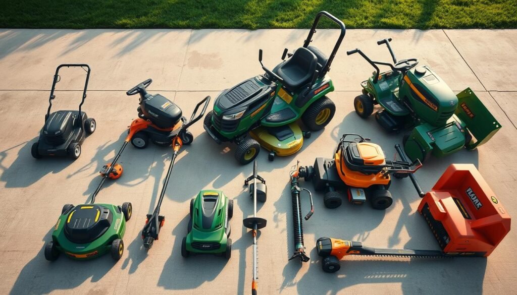A well-lit, high-angle shot of an assortment of landscaping equipment suitable for different property sizes. In the foreground, a sleek battery-powered lawn mower, a compact string trimmer, and a lightweight hedge trimmer. In the middle ground, a robust push mower and a mid-sized riding mower. In the background, a large commercial-grade zero-turn mower and a heavy-duty chipper shredder. The tools are arranged neatly on a smooth concrete surface, showcasing their ergonomic designs and varied capabilities. The lighting creates warm, natural shadows that enhance the textures and details of the equipment, conveying a sense of quality and professionalism. A well-lit, high-angle shot of an assortment of landscaping equipment suitable for different property sizes. In the foreground, a sleek battery-powered lawn mower, a compact string trimmer, and a lightweight hedge trimmer. In the middle ground, a robust push mower and a mid-sized riding mower. In the background, a large commercial-grade zero-turn mower and a heavy-duty chipper shredder. The tools are arranged neatly on a smooth concrete surface, showcasing their ergonomic designs and varied capabilities. The lighting creates warm, natural shadows that enhance the textures and details of the equipment, conveying a sense of quality and professionalism.