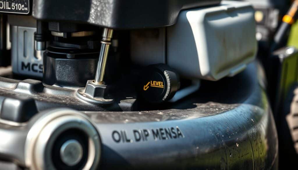 A well-lit, high-quality photograph of a lawn mower engine with the oil dipstick pulled out, allowing the oil level to be clearly visible. The engine is positioned at a slight angle, showcasing the oil dipstick and the surrounding components in sharp detail. The background is blurred, putting the focus entirely on the engine and the oil measurement task. The lighting is natural, with soft shadows and highlights that enhance the depth and texture of the engine's metal surfaces. The image conveys a sense of technical precision and attention to detail, suitable for an article on proper lawn mower maintenance. A well-lit, high-quality photograph of a lawn mower engine with the oil dipstick pulled out, allowing the oil level to be clearly visible. The engine is positioned at a slight angle, showcasing the oil dipstick and the surrounding components in sharp detail. The background is blurred, putting the focus entirely on the engine and the oil measurement task. The lighting is natural, with soft shadows and highlights that enhance the depth and texture of the engine's metal surfaces. The image conveys a sense of technical precision and attention to detail, suitable for an article on proper lawn mower maintenance.