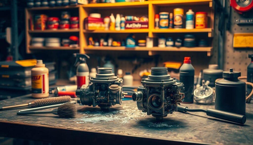 A well-lit workbench with a disassembled carburetor in the foreground, its components meticulously arranged for inspection. In the middle ground, a set of specialized tools, including a wire brush, cleaning solvent, and a compressed air canister, ready to tackle the grime and deposits. The background features shelves stocked with automotive supplies, casting a warm, amber glow over the scene, conveying a sense of expertise and professionalism. The overall atmosphere exudes a focus on precision and attention to detail, reflecting the care required for proper carburetor maintenance. A well-lit workbench with a disassembled carburetor in the foreground, its components meticulously arranged for inspection. In the middle ground, a set of specialized tools, including a wire brush, cleaning solvent, and a compressed air canister, ready to tackle the grime and deposits. The background features shelves stocked with automotive supplies, casting a warm, amber glow over the scene, conveying a sense of expertise and professionalism. The overall atmosphere exudes a focus on precision and attention to detail, reflecting the care required for proper carburetor maintenance.