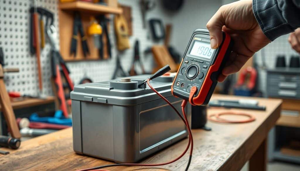 A well-lit workshop setting, with a workbench in the foreground. On the bench, a multimeter is held in the hand, its probes touching the terminals of a lawn mower battery. The battery rests on the bench, its silver-gray casing gleaming under the soft, diffused lighting. The multimeter's digital display shows the battery's voltage reading. The background is blurred, hinting at tools and other workshop equipment, creating a sense of focus on the task at hand. The composition is balanced, with the battery and multimeter taking up the central space, conveying a sense of careful, deliberate examination.