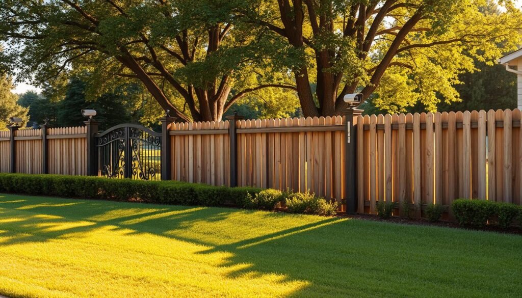 A well-manicured lawn with a neatly trimmed hedge along the property line. In the foreground, a sturdy wooden fence with decorative iron gates stands tall, casting shadows across the lush grass. Strategically placed surveillance cameras and motion-activated flood lights provide additional security measures, blending seamlessly into the natural landscape. The warm, golden sunlight filters through the leaves of mature trees in the background, creating a sense of tranquility and order. The overall scene conveys a visually appealing and proactive approach to property protection, deterring potential encroachment or trespassing.
