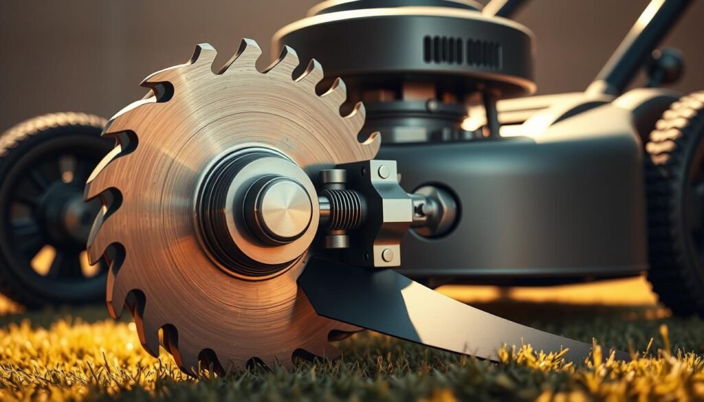 Detailed cross-section of a reverse-threaded lawn mower blade mechanism, showcasing the intricate mechanics. In the foreground, a finely rendered metal blade with a distinctive counter-clockwise thread pattern, precisely fitted into a sturdy metal hub. The middle ground reveals the blade's connection to the mower's drive shaft, with gears and linkages precisely engineered to transfer rotational force in a reverse direction. The background features a sleek, minimalist lawn mower chassis, bathed in warm, directional lighting that casts subtle shadows, highlighting the mechanical elegance of the reverse thread design.