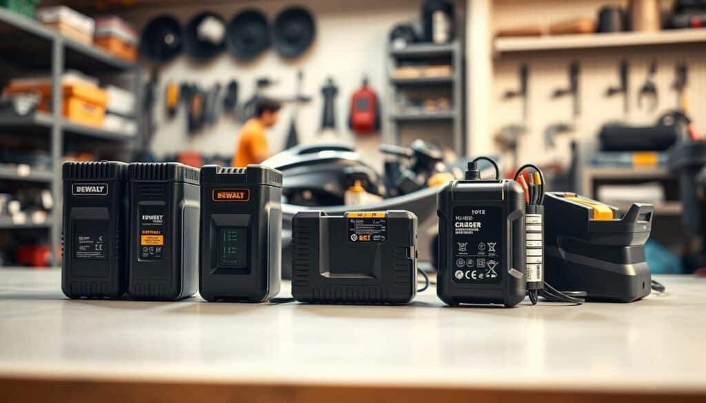 Lawn mower battery charger selection, displayed on a clean, well-lit workbench. In the foreground, various charger models are neatly arranged, showcasing their distinct features and compatibility indicators. The middle ground features a disassembled lawn mower, highlighting the battery compartment and the importance of choosing the right charger. The background is a softly blurred workshop setting, with shelves of tools and spare parts, conveying a sense of organized professionalism. The lighting is warm and natural, casting subtle shadows that accentuate the chargers' forms. The overall mood is one of informed decision-making, with the chargers presented as the key to maintaining a well-functioning lawn mower battery.