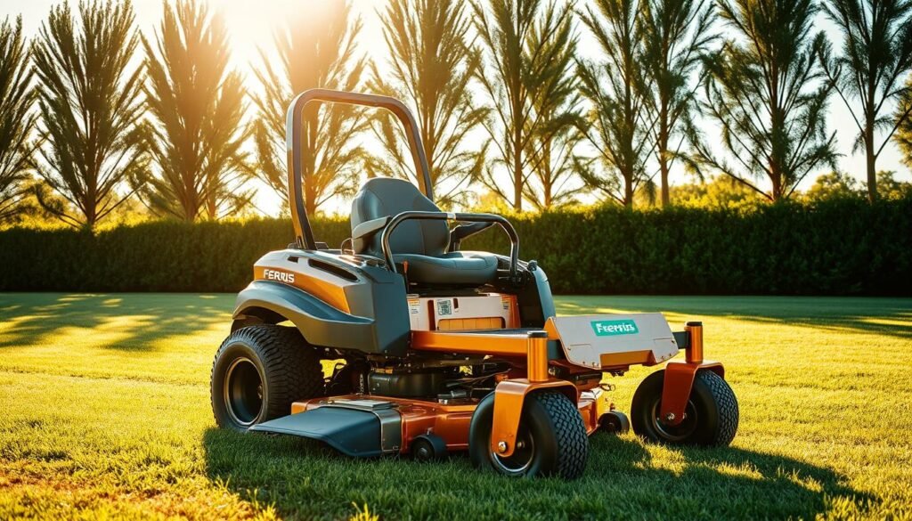 A Ferris zero-turn mower in a lush, verdant landscape. The mower's sleek, metallic frame gleams under the warm, golden sunlight, showcasing its precision-engineered design. The large, high-traction tires grip the ground firmly, allowing for effortless maneuverability around obstacles and tight spaces. The mower's cutting deck, adorned with razor-sharp blades, stands ready to deliver a pristine, even cut to the well-manicured lawn. In the background, a row of tall, swaying trees frames the scene, creating a peaceful, natural ambiance. The image conveys the power, efficiency, and versatility of the Ferris zero-turn mower, perfectly suited for the high-performance demands of professional landscaping. A Ferris zero-turn mower in a lush, verdant landscape. The mower's sleek, metallic frame gleams under the warm, golden sunlight, showcasing its precision-engineered design. The large, high-traction tires grip the ground firmly, allowing for effortless maneuverability around obstacles and tight spaces. The mower's cutting deck, adorned with razor-sharp blades, stands ready to deliver a pristine, even cut to the well-manicured lawn. In the background, a row of tall, swaying trees frames the scene, creating a peaceful, natural ambiance. The image conveys the power, efficiency, and versatility of the Ferris zero-turn mower, perfectly suited for the high-performance demands of professional landscaping.