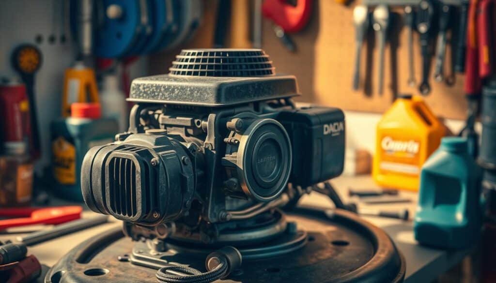 A close-up of a well-maintained lawn mower engine on a clean workshop bench, with various tools and oil cans neatly arranged around it. The engine is exposed, allowing a clear view of the inner workings. Warm, directional lighting casts shadows that emphasize the intricate mechanical details. The scene conveys a sense of diligent care and attention to proper maintenance procedures, perfect for illustrating a guide on choosing the right oil viscosity for lawn mower engines. A close-up of a well-maintained lawn mower engine on a clean workshop bench, with various tools and oil cans neatly arranged around it. The engine is exposed, allowing a clear view of the inner workings. Warm, directional lighting casts shadows that emphasize the intricate mechanical details. The scene conveys a sense of diligent care and attention to proper maintenance procedures, perfect for illustrating a guide on choosing the right oil viscosity for lawn mower engines.