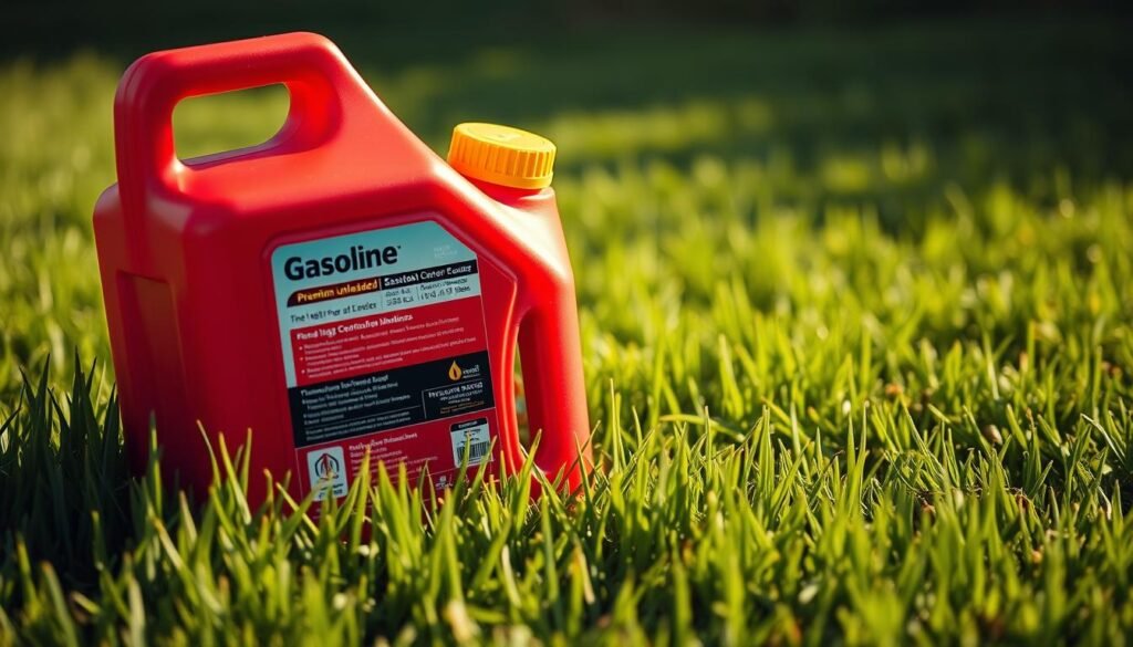 A close-up photograph of a red plastic gas container filled with premium unleaded gasoline, resting on a freshly mowed green lawn. The container has a yellow cap and detailed labeling. The lighting is natural and soft, creating warm highlights and subtle shadows that emphasize the texture and shape of the container. The background is slightly blurred, placing the fuel container as the central focus. The overall composition conveys a sense of simplicity and practicality, reflecting the straightforward nature of the topic "What Gas Goes in a Lawn Mower: The Basics".