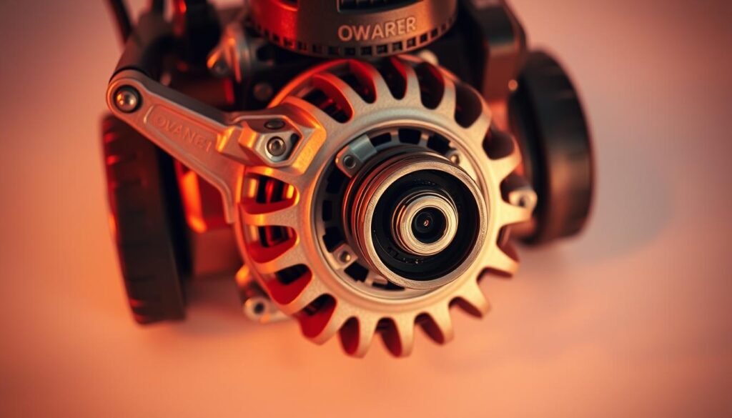 A close-up view of a lawn mower alternator, its intricate components shimmering under warm studio lighting. The alternator is centered, surrounded by a clean, neutral background that allows the device to take center stage. The angle is slightly elevated, providing a detailed look at the alternator's metal housing, wiring, and pulley system. The image conveys a sense of technical precision and the importance of this part in the overall functioning of a lawn mower. The lighting accentuates the alternator's metallic surfaces, creating a sense of depth and highlighting its mechanical details.