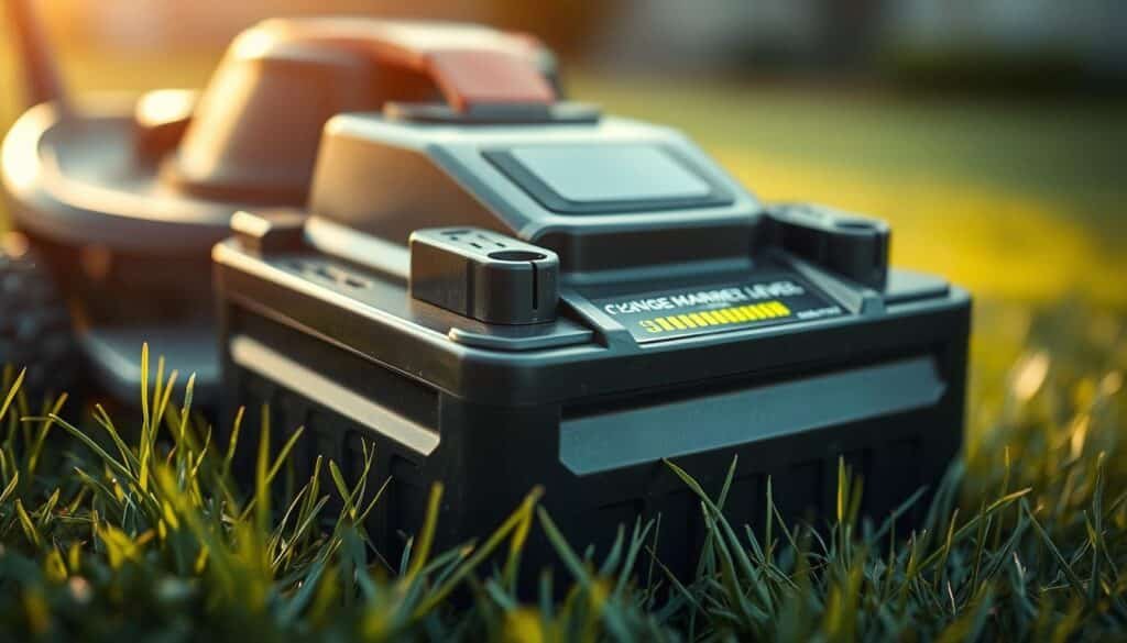 A close-up view of a lawn mower battery, resting on a grassy surface. The battery's terminals are visible, with its charge level indicator glowing, showcasing the remaining lifespan. The image is captured with a shallow depth of field, creating a soft, blurred background that emphasizes the battery's details. Warm, natural lighting illuminates the scene, casting gentle shadows and highlights to convey the battery's physicality. The composition is balanced, with the battery positioned slightly off-center to create visual interest. The overall mood is one of informative clarity, inviting the viewer to consider the longevity of a lawn mower's power source.