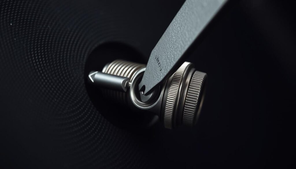 A close-up view of a spark plug gap adjustment tool precisely measuring the gap between the electrodes of a Honda lawn mower spark plug. The tool is positioned delicately, casting a soft shadow on the metallic surface. The plug's crisp, silvery sheen contrasts with the textured, matte-black background, creating a sense of technical precision. Soft, diffused lighting from an unseen source illuminates the scene, emphasizing the intricate details and the importance of proper gap adjustment for optimal engine performance. A close-up view of a spark plug gap adjustment tool precisely measuring the gap between the electrodes of a Honda lawn mower spark plug. The tool is positioned delicately, casting a soft shadow on the metallic surface. The plug's crisp, silvery sheen contrasts with the textured, matte-black background, creating a sense of technical precision. Soft, diffused lighting from an unseen source illuminates the scene, emphasizing the intricate details and the importance of proper gap adjustment for optimal engine performance.