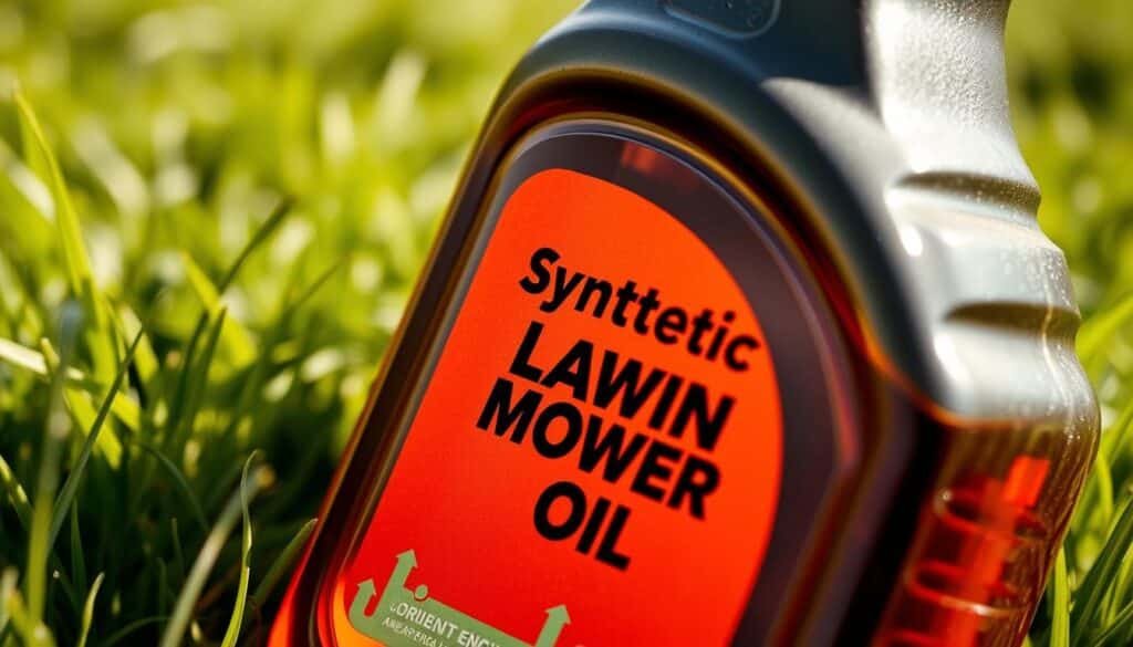 A closeup photograph of a glass bottle filled with amber-colored synthetic engine oil, its label prominently displaying the words "Synthetic Lawn Mower Oil". The bottle is set against a soft, blurred background of green grass, conveying a sense of natural, outdoor setting. The lighting is warm and natural, casting gentle shadows that add depth and dimension to the image. The focus is sharp on the bottle, allowing the viewer to clearly see the viscosity and quality of the oil. The composition is balanced, with the bottle positioned slightly off-center to create visual interest. The overall mood is one of efficiency, durability, and suitability for lawn mower engines under various environmental conditions.