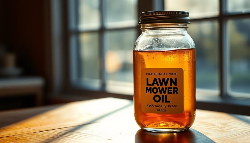 A glass jar filled with high-quality, viscous lawn mower oil. The jar is placed on a wooden surface, bathed in warm, natural lighting from a window. The oil glistens, its amber hue accentuated by the soft, diffused illumination. The jar's label prominently displays the oil's type and grade, clearly indicating its suitability for use in lawn mowers. The overall scene conveys a sense of care, attention to detail, and the importance of using the right oil to maintain the optimal performance and longevity of a lawn mower. A glass jar filled with high-quality, viscous lawn mower oil. The jar is placed on a wooden surface, bathed in warm, natural lighting from a window. The oil glistens, its amber hue accentuated by the soft, diffused illumination. The jar's label prominently displays the oil's type and grade, clearly indicating its suitability for use in lawn mowers. The overall scene conveys a sense of care, attention to detail, and the importance of using the right oil to maintain the optimal performance and longevity of a lawn mower.