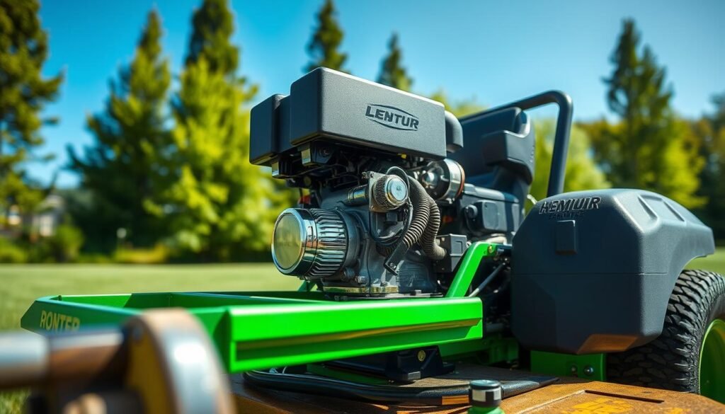 A high-resolution, detailed image of a zero turn mower power source. In the foreground, a powerful engine with intricate mechanical components, chrome accents, and a sleek, aerodynamic design. The engine is surrounded by a sturdy, metal frame in a vibrant, vibrant shade of green. In the middle ground, the mower's deck is prominently featured, showcasing its robust construction and precise engineering. The background depicts a lush, verdant landscape, with tall trees and a clear, blue sky, creating a serene and natural setting. The image is captured with a wide-angle lens, providing a comprehensive view of the power source and its surrounding environment. The lighting is soft and natural, highlighting the details and textures of the mower's components.