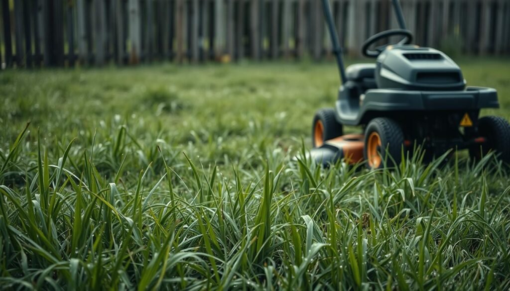 A lush, dewy meadow after a light rain. In the foreground, freshly mown grass lays in disarray, its blades glistening with droplets. The middle ground features a riding lawn mower, its wheels sinking slightly into the saturated soil, its engine sputtering as it struggles to maintain traction. In the background, a weathered wooden fence frames the scene, hinting at the challenges of lawn maintenance in damp conditions. Soft, diffused natural lighting illuminates the entire composition, creating a contemplative, almost melancholic atmosphere. The overall impression suggests the difficulties of mowing wet grass and the need for caution and patience in such situations. A lush, dewy meadow after a light rain. In the foreground, freshly mown grass lays in disarray, its blades glistening with droplets. The middle ground features a riding lawn mower, its wheels sinking slightly into the saturated soil, its engine sputtering as it struggles to maintain traction. In the background, a weathered wooden fence frames the scene, hinting at the challenges of lawn maintenance in damp conditions. Soft, diffused natural lighting illuminates the entire composition, creating a contemplative, almost melancholic atmosphere. The overall impression suggests the difficulties of mowing wet grass and the need for caution and patience in such situations.