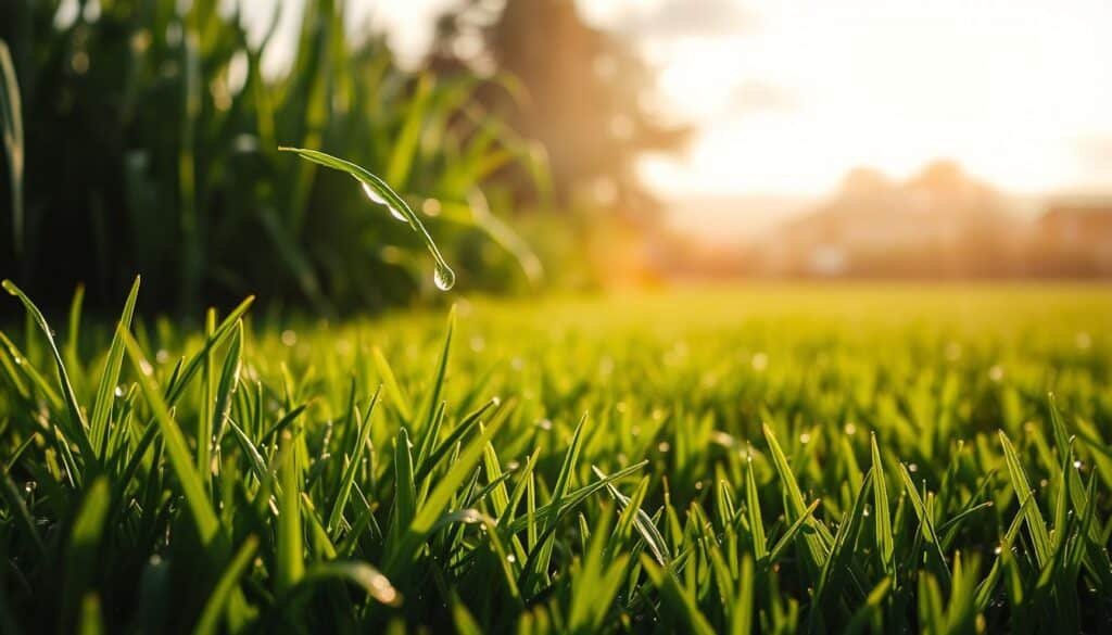 A lush, verdant lawn glistens with freshly fallen raindrops, the blades of grass bending gracefully under the weight of the moisture. Sunlight filters through wispy clouds, casting a warm, golden glow over the scene. In the foreground, individual water droplets cling to the tips of the grass, refracting the light and creating a sparkling, ethereal effect. The middle ground reveals the lawn's texture, with the grass blades arranged in a natural, organic pattern. In the background, a hazy, out-of-focus landscape sets the stage, suggesting a serene, peaceful environment. The overall mood is one of tranquility and natural beauty, inviting the viewer to appreciate the restorative power of a well-watered lawn.