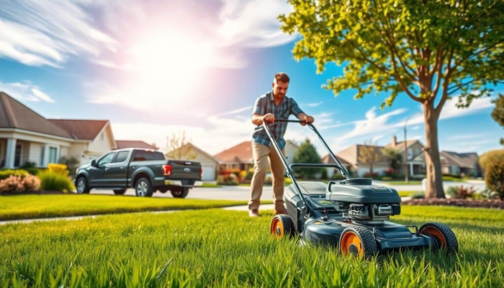 A vibrant and detailed outdoor scene depicting lawn care services. In the foreground, a well-maintained residential lawn with lush, neatly trimmed grass, and a person operating a modern push lawn mower, their focused expression visible. In the middle ground, a pickup truck with landscaping equipment and supplies parked by the curb. In the background, a picturesque suburban neighborhood with well-kept homes, trees, and a clear blue sky above, illuminated by warm, natural sunlight filtering through wispy clouds. The overall mood is one of a professional, efficient, and tidy lawn care service at work, reflecting the simple answer to the question "Do You Need a Permit to Mow Lawns?".