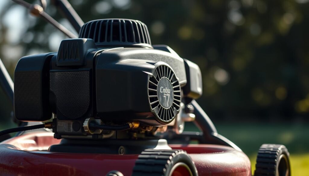A well-lit, close-up photograph of a gas-powered lawn mower against a blurred outdoor background. The mower's engine is running, with a clear emphasis on the exhaust pipe and air intake, conveying a sense of the machinery's power and noise output. The lighting should create dramatic shadows and highlights, accentuating the mower's complex mechanical details. The overall composition should draw the viewer's attention to the key factors affecting the lawn mower's decibel levels, such as engine size, blade speed, and airflow.