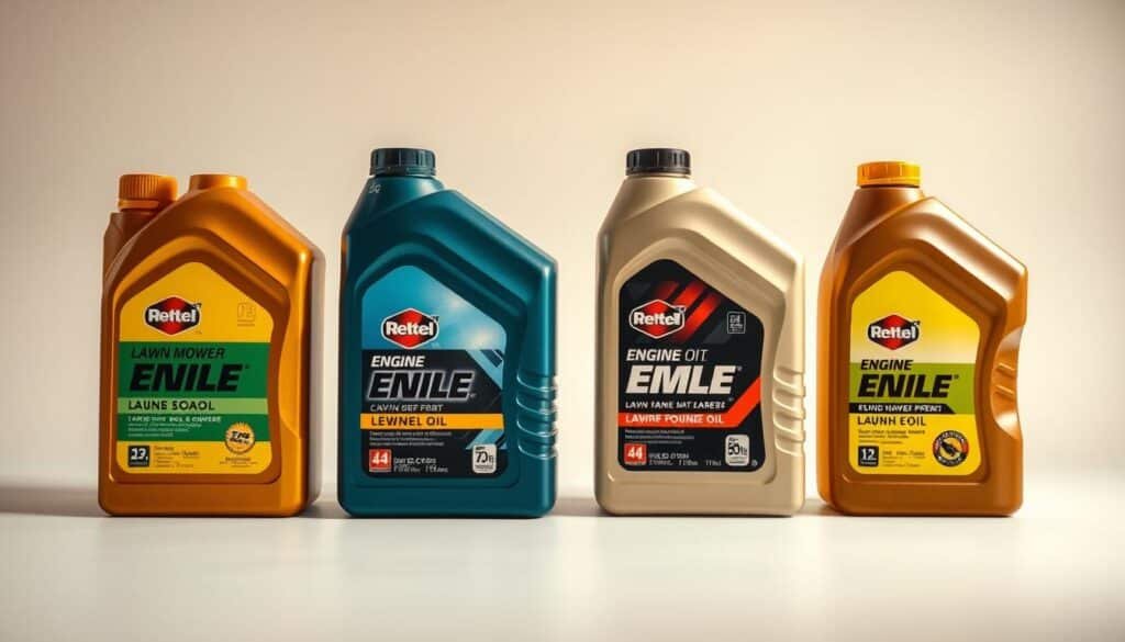 A well-lit closeup of various bottles of lawn mower engine oil, neatly arranged on a clean, neutral background. The bottles feature prominent labels displaying the oil types, viscosities, and other technical specifications. The lighting is soft and diffused, accentuating the sheen and transparency of the oils. The composition is balanced, with the bottles taking up the majority of the frame, allowing the viewer to clearly examine and compare the different oil products. An authoritative, informative mood is conveyed, suitable for an expert guide on lawn mower maintenance.