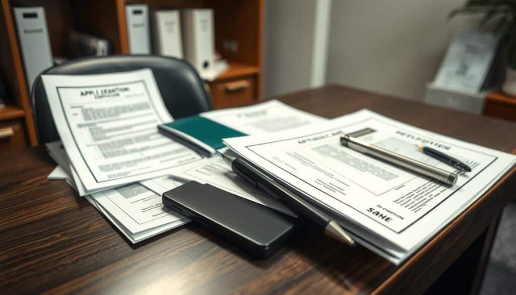 A well-lit, high-resolution image of a desk with various documents, licenses, and paperwork related to lawn care services. The desk is placed in a professional office setting, with a bookshelf or filing cabinet in the background. The lighting is soft and even, creating a sense of focus and attention to detail. The documents on the desk include application forms, certification documents, and regulatory paperwork, all neatly organized. The overall atmosphere conveys a sense of professionalism and the importance of adhering to local licensing requirements for expanded lawn care services.