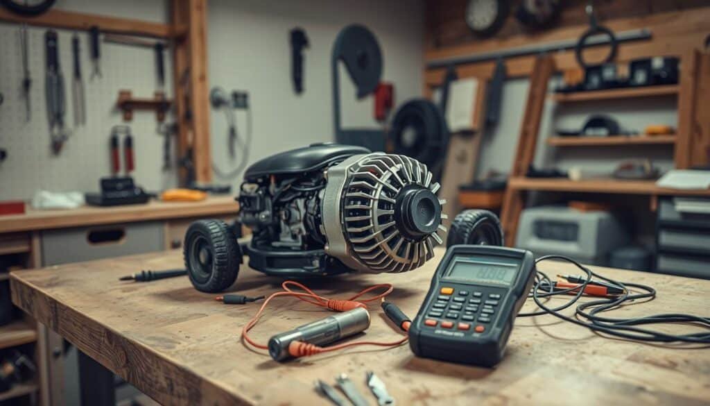 A well-lit workshop with a sturdy workbench. On the table, a lawn mower engine sits disassembled, its alternator exposed. Wires and testing equipment are neatly arranged, ready for a thorough examination. A multimeter is positioned near the alternator, its display visible. The scene conveys a sense of focused, technical investigation, with the alternator as the central subject. Soft, directional lighting casts subtle shadows, highlighting the intricate components. The overall atmosphere is one of precision, problem-solving, and a desire to understand the inner workings of the lawn mower's electrical system.