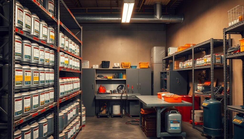 A well-organized, well-lit storage area with neatly stacked fuel cans and containers. The foreground shows a sturdy metal shelving unit, each shelf holding a variety of labeled fuel cans in different sizes. The middle ground features a workbench with tools and a fuel dispensing system. In the background, the walls are lined with additional shelves and storage cabinets, creating a sense of order and efficiency. The lighting is bright and even, casting a warm glow over the scene. The overall atmosphere conveys a professional, safety-conscious approach to fuel storage and handling.