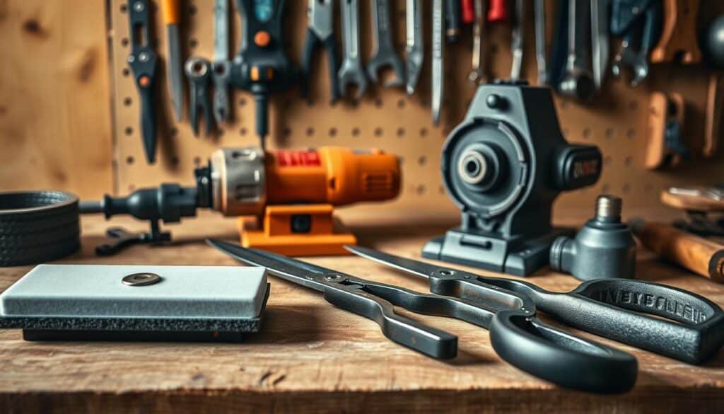 Crisp, well-lit image of a collection of mower blade sharpening tools arranged neatly on a wooden workbench. In the foreground, a high-quality sharpening stone, a pair of sturdy metal shears, and a specialized blade balancer. In the middle ground, a cordless angle grinder and a bench vise to securely hold the mower blade. In the background, a pegboard with various other tools like a file, a wrench, and a screwdriver, conveying a sense of a well-equipped workshop. The image should have a clean, professional, and informative atmosphere, reflecting the technical nature of the subject matter.