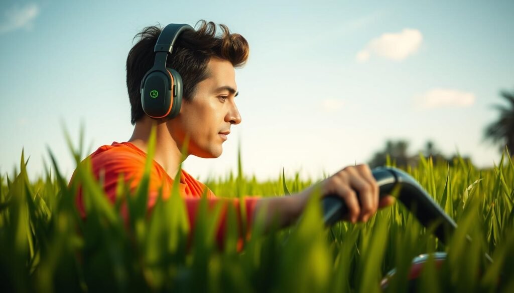 Image of a person wearing noise-canceling earmuffs with Bluetooth while mowing the lawn