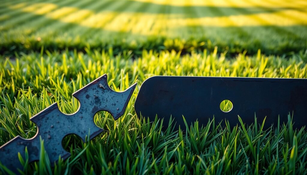 Worn mower blades in the foreground, their edges dull and chipped, casting jagged shadows on the lush green grass. In the middle ground, a half-trimmed lawn reveals the uneven, ragged cuts left by the dull blades. The background shows a well-manicured, neatly striped lawn, highlighting the contrast with the neglected area. Soft, diffused lighting casts a warm, late afternoon glow, emphasizing the textures and tones. The scene conveys the need for blade sharpening, the visual cues guiding the viewer to understand the signs of dull mower blades.