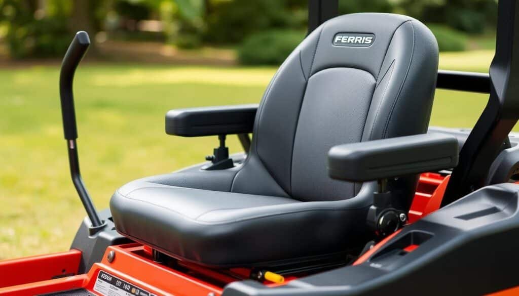 a well-designed, high-quality suspension seat for a riding lawn mower, photographed with a crisp, clear focus and natural lighting from the side. The seat features a contoured, cushioned design for optimal comfort and support, with a subtle yet stylish graphite grey or black leather upholstery. The suspension system is prominently visible, showcasing the advanced engineering that provides a smooth, responsive ride even on uneven terrain. The image captures the attention-grabbing details that distinguish the Ferris mower's superior ergonomics and comfort, inviting the viewer to envision the pleasure of operating this premium machine. a well-designed, high-quality suspension seat for a riding lawn mower, photographed with a crisp, clear focus and natural lighting from the side. The seat features a contoured, cushioned design for optimal comfort and support, with a subtle yet stylish graphite grey or black leather upholstery. The suspension system is prominently visible, showcasing the advanced engineering that provides a smooth, responsive ride even on uneven terrain. The image captures the attention-grabbing details that distinguish the Ferris mower's superior ergonomics and comfort, inviting the viewer to envision the pleasure of operating this premium machine.