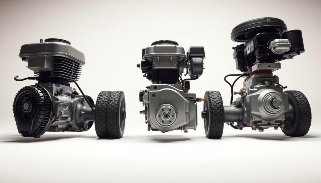 A detailed, close-up illustration of various lawn mower engine types, including a 4-stroke gasoline engine, a 2-stroke gasoline engine, and a diesel engine. The engines are shown in a neutral, well-lit studio setting, with a clean, white background that allows the technical details to be clearly visible. The perspective is slightly angled, providing a comprehensive view of the engine components, such as the cylinder block, crankshaft, and carburetor. The image conveys a sense of technical precision and offers a visually informative reference for understanding the different engine configurations commonly found in lawn mowers. A detailed, close-up illustration of various lawn mower engine types, including a 4-stroke gasoline engine, a 2-stroke gasoline engine, and a diesel engine. The engines are shown in a neutral, well-lit studio setting, with a clean, white background that allows the technical details to be clearly visible. The perspective is slightly angled, providing a comprehensive view of the engine components, such as the cylinder block, crankshaft, and carburetor. The image conveys a sense of technical precision and offers a visually informative reference for understanding the different engine configurations commonly found in lawn mowers.