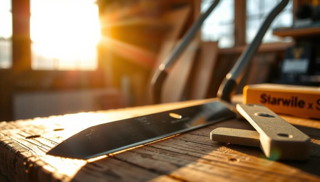 A detailed close-up of a freshly sharpened lawn mower blade on a wooden workbench, bathed in warm, golden natural light from a large window. The blade is meticulously clean, its steel edges gleaming. Nearby, a set of sharpening tools, including a file and whetstone, are neatly arranged, suggesting the skilled maintenance process. The composition emphasizes the importance of properly maintaining lawn mower blades as a crucial step in lawn care, before mowing new grass.