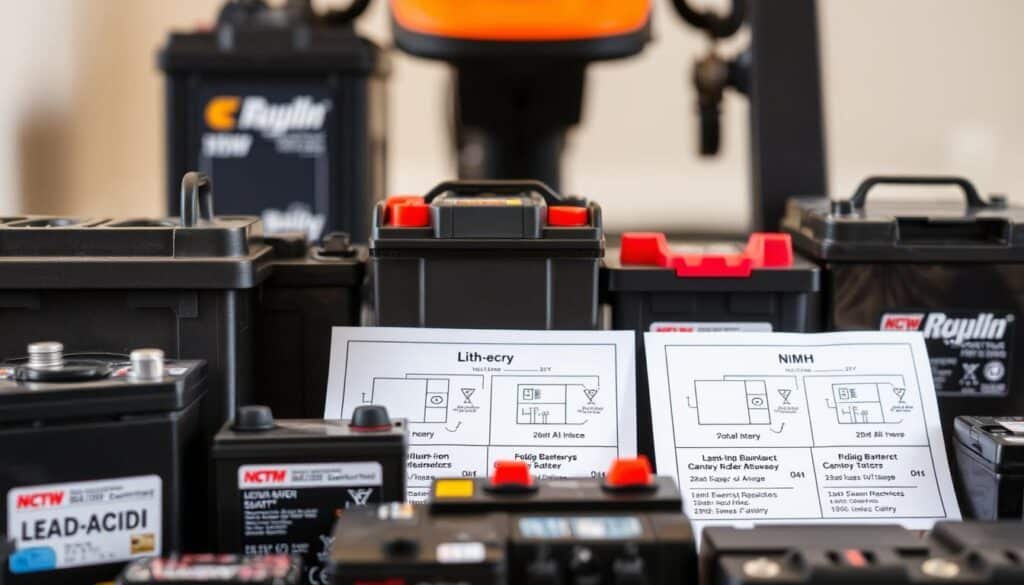 A detailed close-up of various battery types commonly used in riding lawn mowers. The foreground features a selection of batteries in different sizes and chemistries, such as lead-acid, lithium-ion, and NiMH, arranged neatly against a clean, neutral background. The lighting is soft and diffused, highlighting the textures and colors of the batteries. The midground includes technical diagrams or schematics providing information about the battery specifications, voltage, and amperage. The background is blurred, creating a sense of focus on the battery types and their technical details.