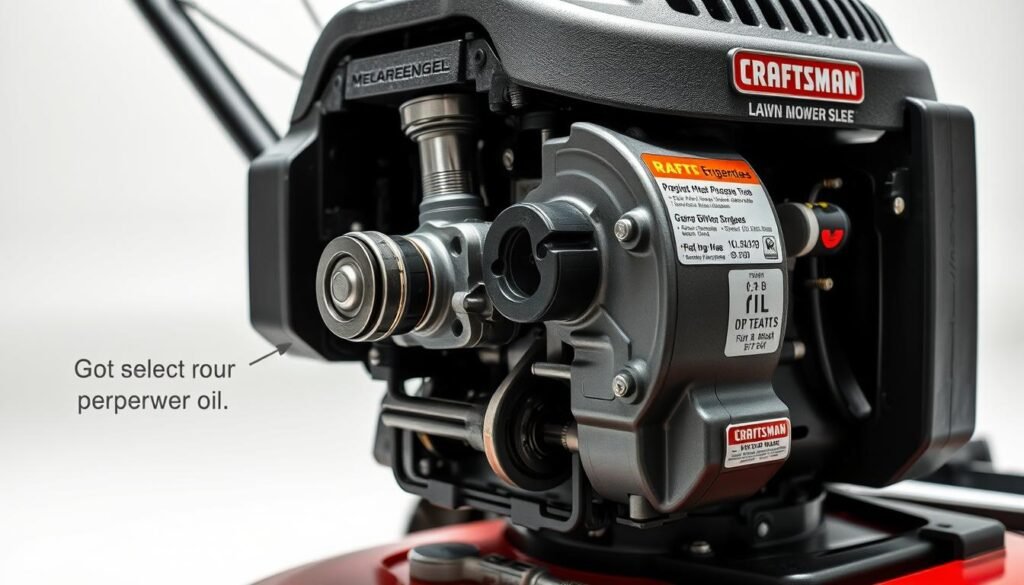 A detailed, high-resolution photograph of a Craftsman lawn mower engine, showcasing its internal components and technical specifications. The engine is displayed in a well-lit, neutral-toned setting, allowing the intricate details to be clearly visible. The image should capture the engine's construction, including the cylinder block, crankshaft, pistons, and valvetrain, as well as any relevant labeling or callouts to highlight key features and measurements. The overall composition should convey a sense of precision and engineering excellence, reflecting the importance of selecting the proper oil for optimal lawn mower performance and longevity. A detailed, high-resolution photograph of a Craftsman lawn mower engine, showcasing its internal components and technical specifications. The engine is displayed in a well-lit, neutral-toned setting, allowing the intricate details to be clearly visible. The image should capture the engine's construction, including the cylinder block, crankshaft, pistons, and valvetrain, as well as any relevant labeling or callouts to highlight key features and measurements. The overall composition should convey a sense of precision and engineering excellence, reflecting the importance of selecting the proper oil for optimal lawn mower performance and longevity.