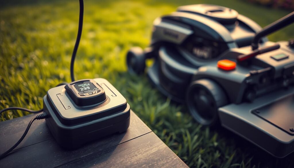 A detailed view of a lawn mower battery charging station. In the foreground, the battery is connected to a charger with a digital display showing the charging progress and status. The middle ground features the lawn mower itself, positioned nearby, with its sleek and modern design. The background showcases a well-manicured lawn, adding a sense of natural harmony to the scene. The lighting is soft and diffused, creating a warm and inviting atmosphere. The camera angle is slightly elevated, providing a balanced and compositional view of the setup. Technical details like the charger's specifications and the battery's capacity are subtly implied, complementing the overall informative nature of the image.