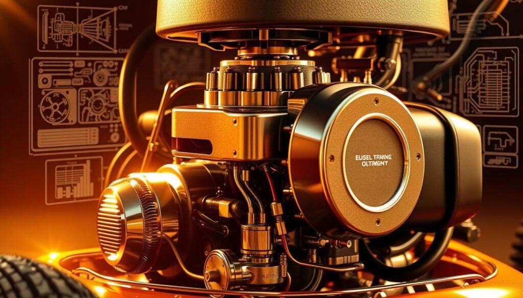 A high-performance lawn mower engine, its internal components meticulously optimized for maximum voltage efficiency. Gleaming chrome accents and a sleek, aerodynamic design create an impression of raw power and precision engineering. Intricate diagrams and schematics hover in the background, revealing the intricate interplay of electrical circuits and mechanical systems. Warm, golden lighting casts a subtle glow, highlighting the mower's technical prowess and the culmination of engineering expertise. The overall atmosphere exudes a sense of innovation, showcasing the sophisticated advancements that enable lawn mower voltage performance optimization.
