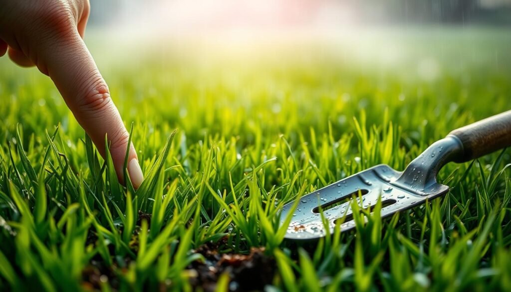 A lush, verdant lawn after a refreshing rain. In the foreground, a hand gently probes the soil, testing the moisture level with a careful touch. The blades of grass glisten with droplets, their vibrant green hue a testament to the nourishing rain. Soft, diffused sunlight filters through wispy clouds, casting a gentle glow over the scene. In the middle ground, a weathered garden trowel rests nearby, a tool of the trade for the meticulous lawn care enthusiast. The background fades into a serene, out-of-focus backdrop, allowing the focus to remain on the central act of evaluating the optimal mowing conditions. This tranquil, naturalistic composition captures the essence of the question "Is It Okay to Mow After Rain? Guidelines".