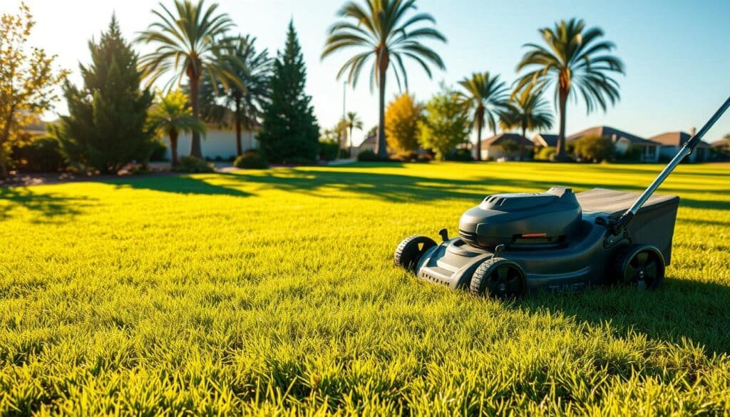 A lush, well-maintained lawn with freshly mowed grass and neatly trimmed edges, bathed in warm, golden afternoon sunlight. In the foreground, a sturdy lawnmower sits on the perfectly manicured grass, its blades gleaming. The middle ground showcases a crisp, clean lawn edging tool, its sharp edges ready to tidy the lawn's perimeter. In the background, a picturesque suburban landscape with tall, swaying trees and a clear blue sky creates a serene, inviting atmosphere. The overall scene conveys a sense of pride, order, and the rewards of diligent lawn care.