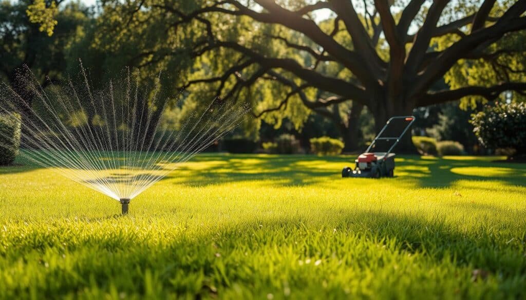 A manicured lawn, freshly mowed, glistens under the warm afternoon sun. In the foreground, a sprinkler system sprays a gentle arc of water, nourishing the vibrant green grass. In the middle ground, a push mower stands at the ready, its blades recently sharpened. In the background, towering oak trees cast a gentle, dappled shade over the scene. The air is filled with the earthy scent of freshly cut grass, and a sense of tranquility pervades the setting. A serene, well-maintained lawn, ready for the next phase of its lifecycle.