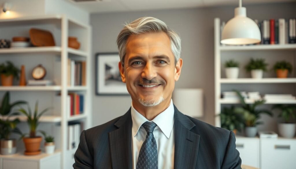 A middle-aged man in a suit and tie, standing confidently in a well-lit office, his friendly expression and relaxed posture conveying a sense of trustworthiness. The background features bookshelves, potted plants, and other professional decor, creating an atmosphere of expertise and reliability. Soft, warm lighting illuminates the scene, highlighting the agent's attentive demeanor and making the viewer feel at ease. The camera angle is slightly elevated, giving the impression of a knowledgeable advisor ready to provide guidance and assurance.