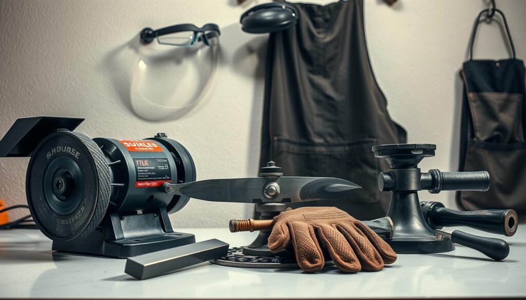 A neatly organized arrangement of mower blade sharpening tools and safety equipment. In the foreground, a bench grinder with a coarse grinding wheel, file, and a pair of sturdy work gloves. In the middle, a well-oiled sharpening jig and a metal vice to hold the blade steady. In the background, a protective face shield, goggles, and a heavy-duty apron hang on the wall, illuminated by soft, directional lighting that casts subtle shadows. The tools are placed on a clean, workbench surface, conveying a sense of professionalism and attention to detail essential for achieving the ideal mower blade sharpness.