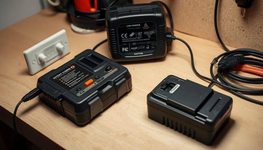 A neatly organized workbench with a lawn mower battery charger plugged into a power outlet. The charger's display and controls are clearly visible, providing step-by-step instructions. The battery, freshly removed from the lawn mower, sits next to the charger, ready for charging. Soft, even lighting illuminates the scene, creating a calm, educational atmosphere. The image is captured from a slightly elevated angle, allowing the viewer to easily follow the charging process. The overall composition is clean, focused, and visually appealing, guiding the viewer through the essential steps of charging a lawn mower battery.