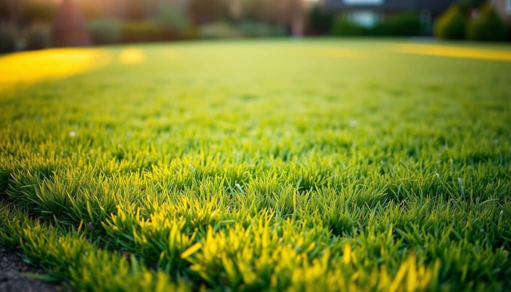 A neatly trimmed lawn with a crisp, defined edge, illuminated by warm, golden hour sunlight. The foreground features a sharp, clean border where the grass meets the soil, with a slight curve that follows the contours of the landscape. The middle ground showcases a well-maintained, lush green lawn, its blades gently swaying in a light breeze. The background gradually fades into a tranquil, out-of-focus setting, hinting at a serene garden or residential setting. The overall scene conveys a sense of order, precision, and a well-cared-for outdoor space.