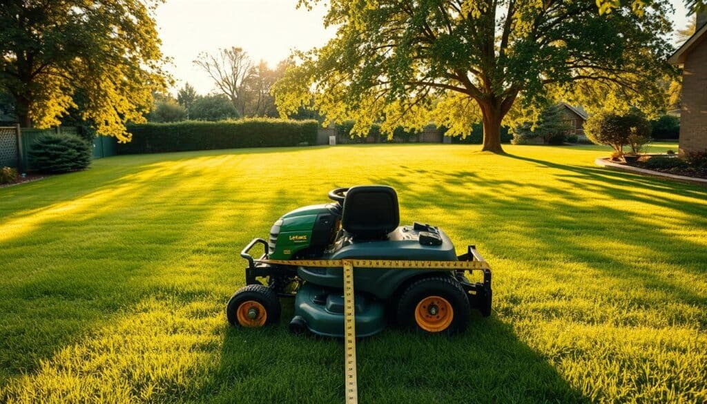 A sprawling backyard with a meticulously manicured lawn, bathed in warm, golden sunlight. In the foreground, a ride-on lawn mower, its cutting deck prominently displayed, inviting the viewer to consider its width and how it would navigate the expanse of grass. In the middle ground, a tape measure unfurls, its increments clearly visible, providing a tangible scale for the mower's dimensions. The background features lush, verdant trees swaying gently in a light breeze, creating a serene and tranquil atmosphere. The scene conveys the importance of selecting the appropriate mower width to efficiently manage the size and contours of one's lawn, a crucial aspect of lawn care. A sprawling backyard with a meticulously manicured lawn, bathed in warm, golden sunlight. In the foreground, a ride-on lawn mower, its cutting deck prominently displayed, inviting the viewer to consider its width and how it would navigate the expanse of grass. In the middle ground, a tape measure unfurls, its increments clearly visible, providing a tangible scale for the mower's dimensions. The background features lush, verdant trees swaying gently in a light breeze, creating a serene and tranquil atmosphere. The scene conveys the importance of selecting the appropriate mower width to efficiently manage the size and contours of one's lawn, a crucial aspect of lawn care.